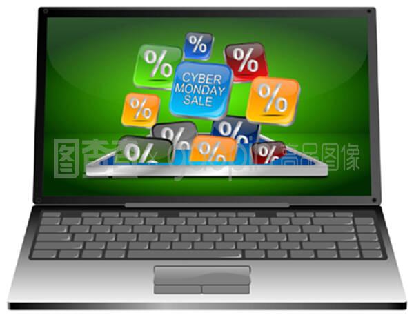 笔记本电脑与彩色的网络星期一销售按钮在绿色桌面-3d插图